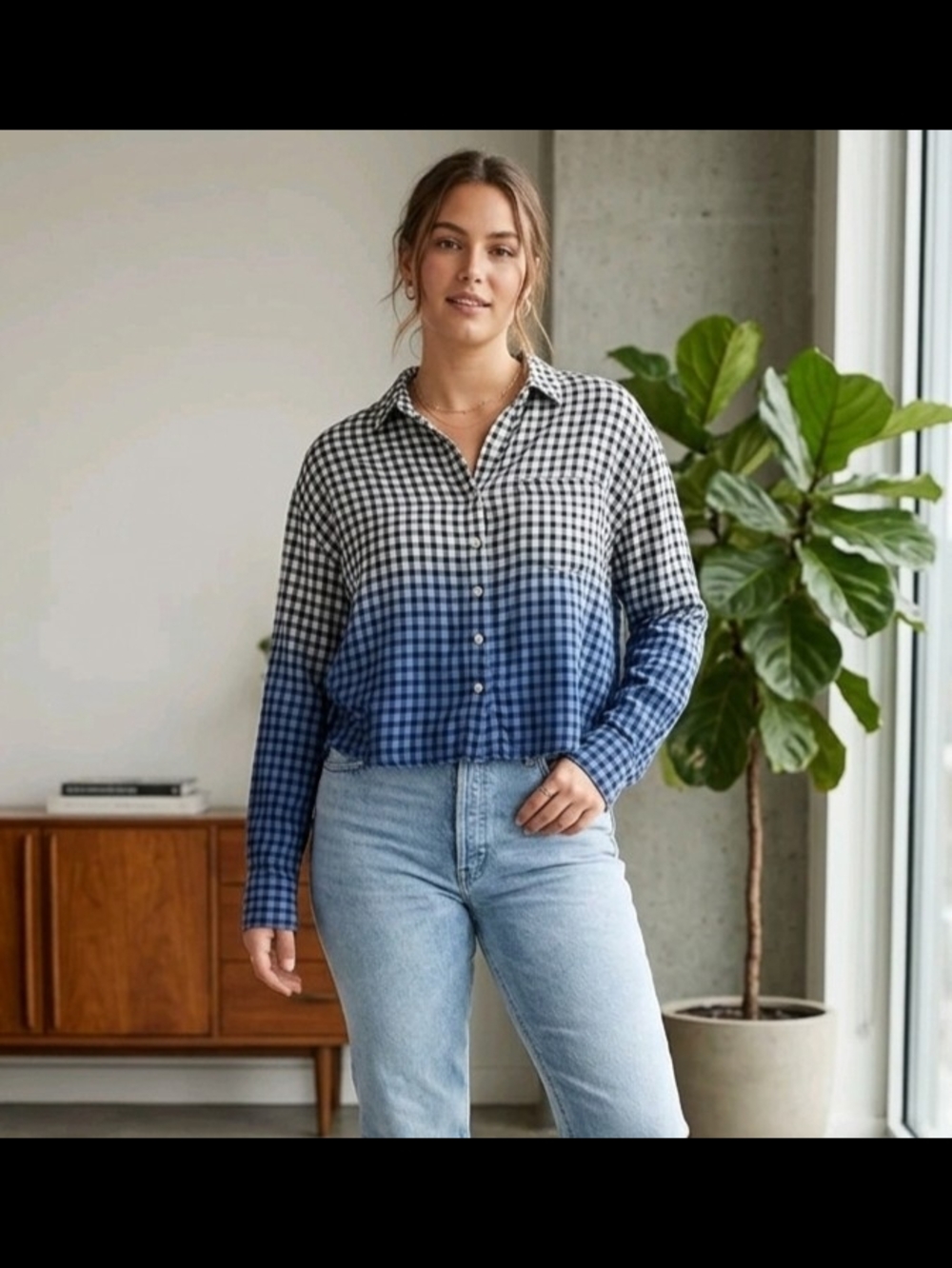 Free People Ombre Gingham Button-Down Shirt in Blue and Black
